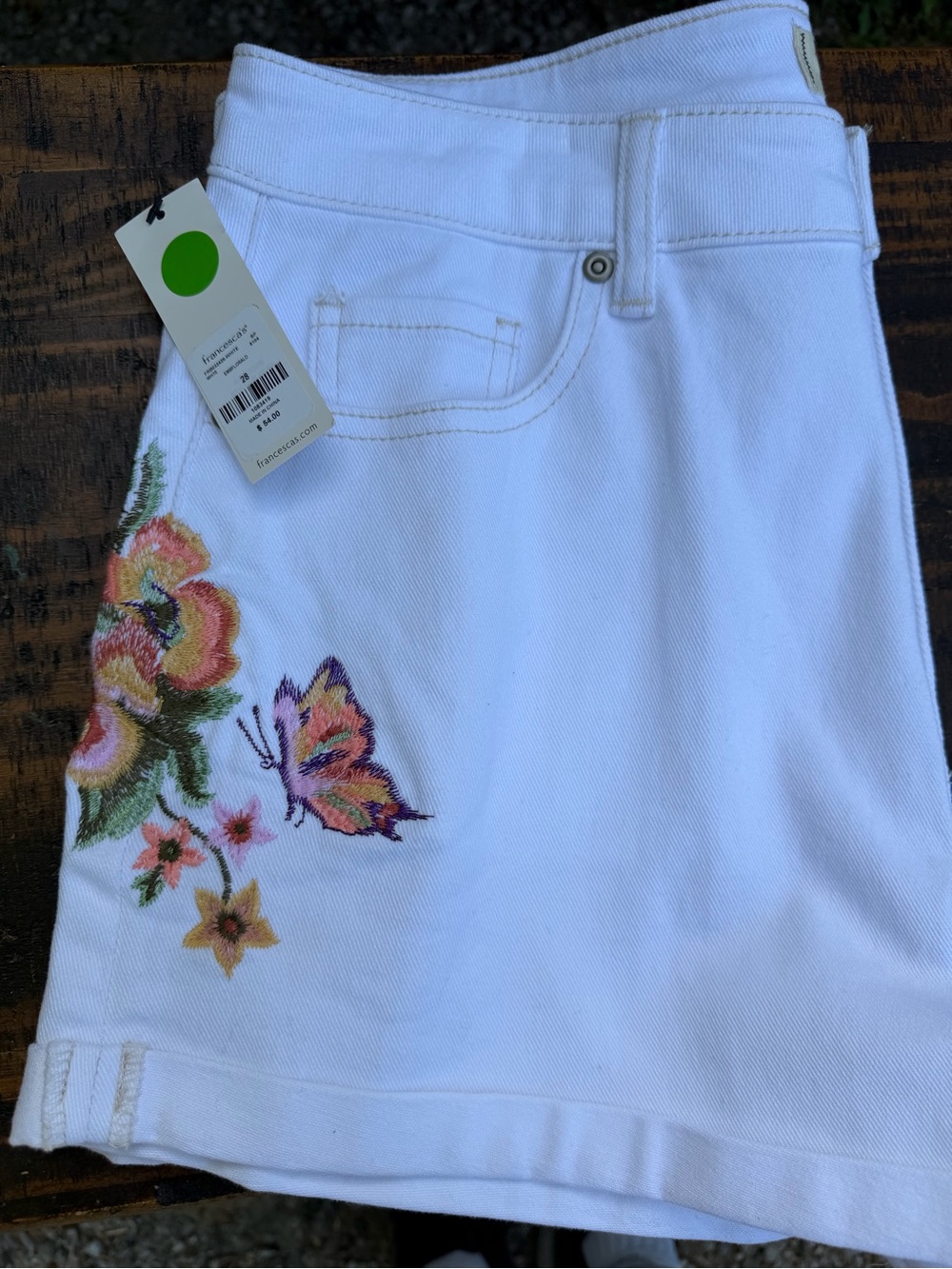 Francesca's White High-Rise Jean Shorts with Pink & Green Floral Embroidery - Picture 6 of 6